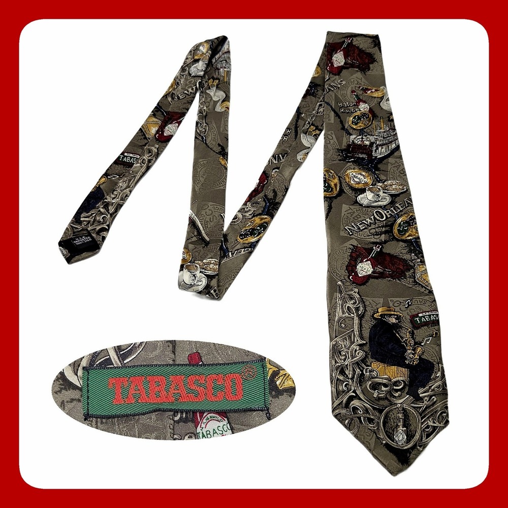 Tabasco New Orleans Jazz Silk Tie Vintage Saxophone Pelican Grey Multi VTG